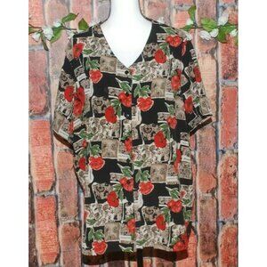Vintage Jaclyn Smith Blouse Size 22W Button Up Black Red Floral Granny Core